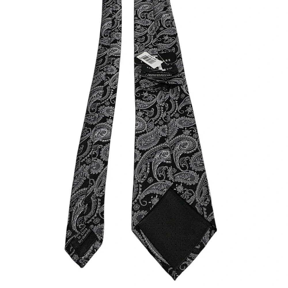 NWT Pronto Uomo Paisley Silk Tie Black Silver Stains Liquid‎ Repellent Hand Made